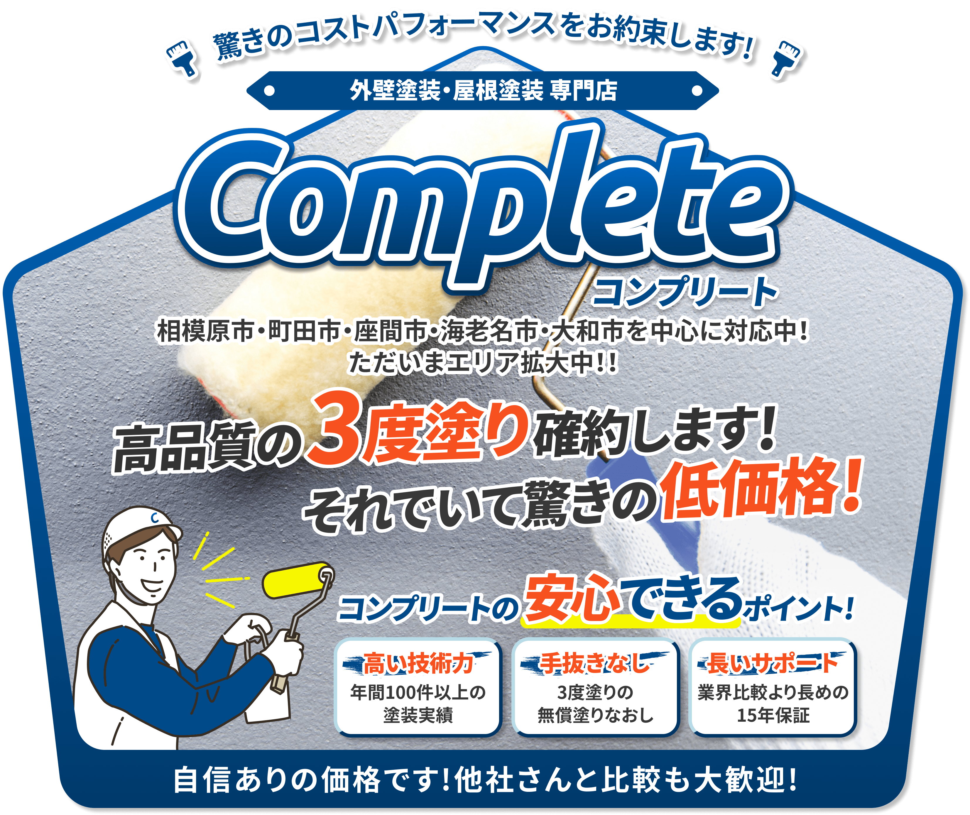 驚きのコストパフォーマンスをお約束します! 外壁塗装・屋根塗装 専門店 Complete コンプリート 相模原市・町田市・座間市・海老名市・大和市を中心に対応中!ただいまエリア拡大中!! コンプリートの安心できるポイント! 安心の技術力 年間100件以上の塗装実績 手抜き一切なし 3度塗りの無償塗りなおし 長いサポート 業界比較より長めの15年保証 社員一同、ご連絡お待ちしています!